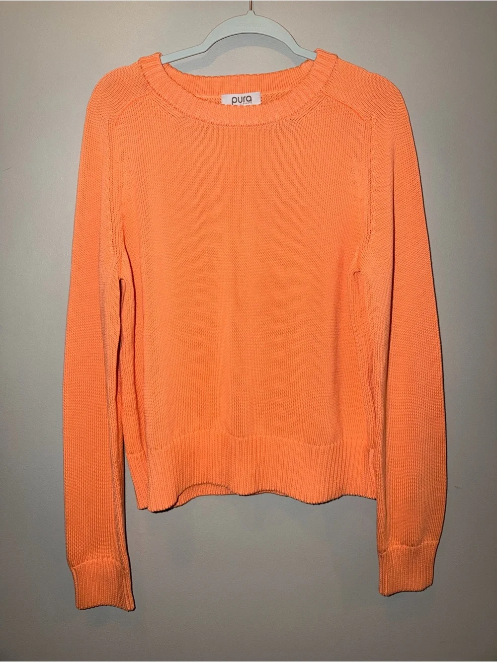 Pura Cashmere bright coral orange shaker knit crewneck sweater quiet luxury